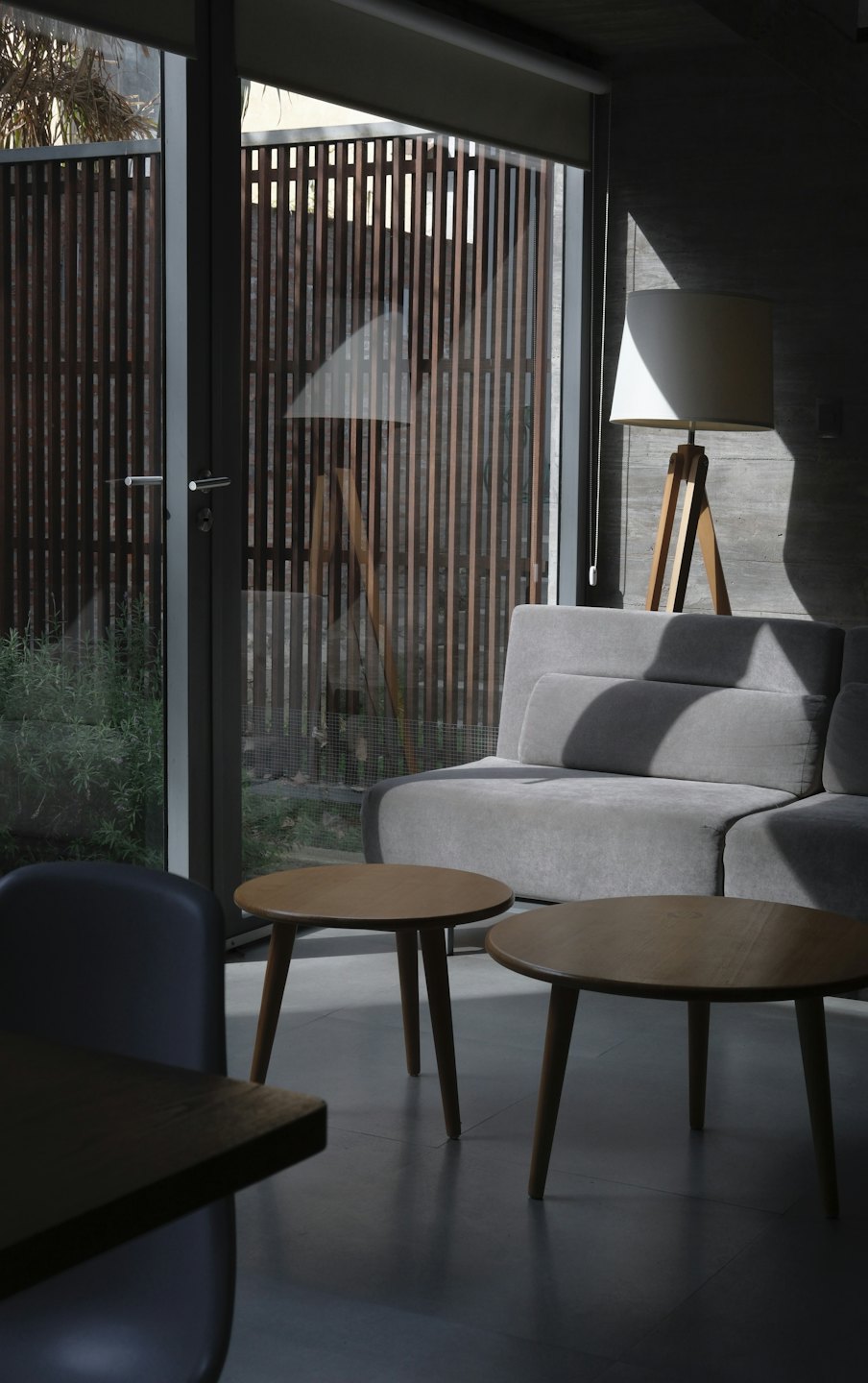 Minimalist living room with a grey sofa and wooden tables.